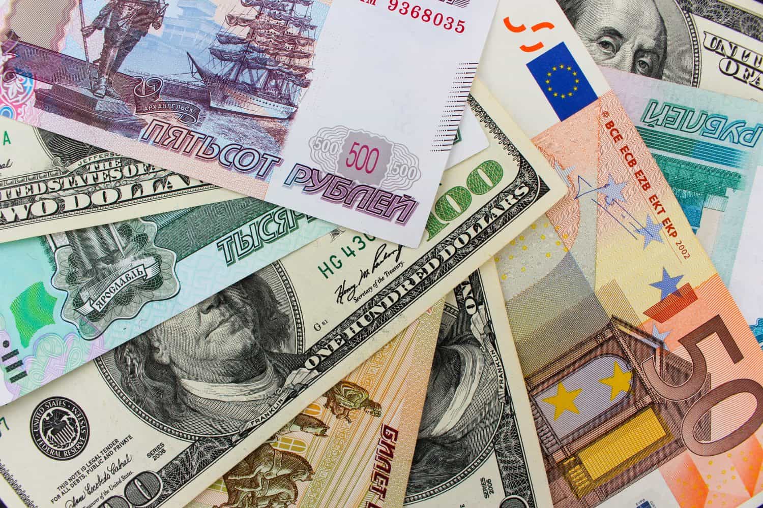 Money from different countries: dollars, euros, hryvnia, rubles