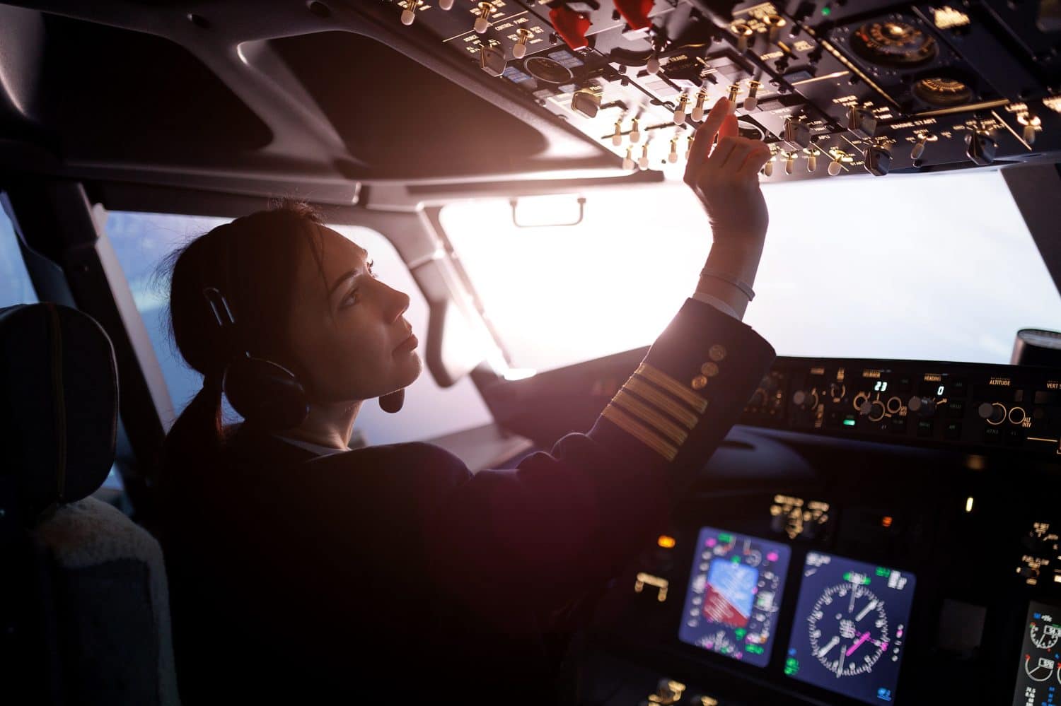 A female pilot controls a large passenger plane