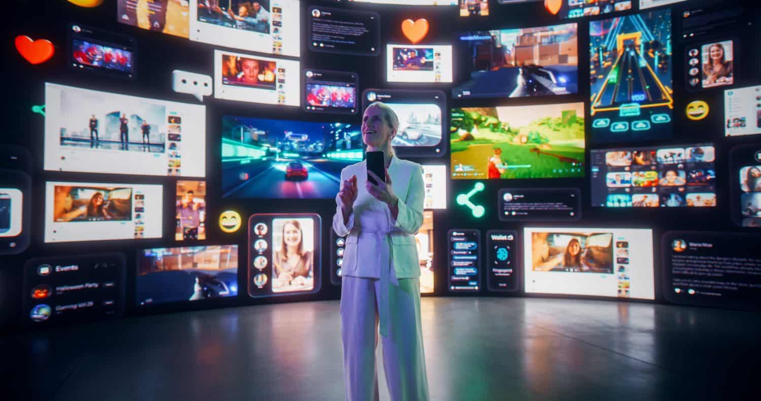 Portrait Of Caucasian Woman Connecting Via Smartphone To Virtual Network Of Social Media, Online Gaming, Video Streaming, e-Commerce Shopping. Female Internet User Enjoying Web Culture Concept.