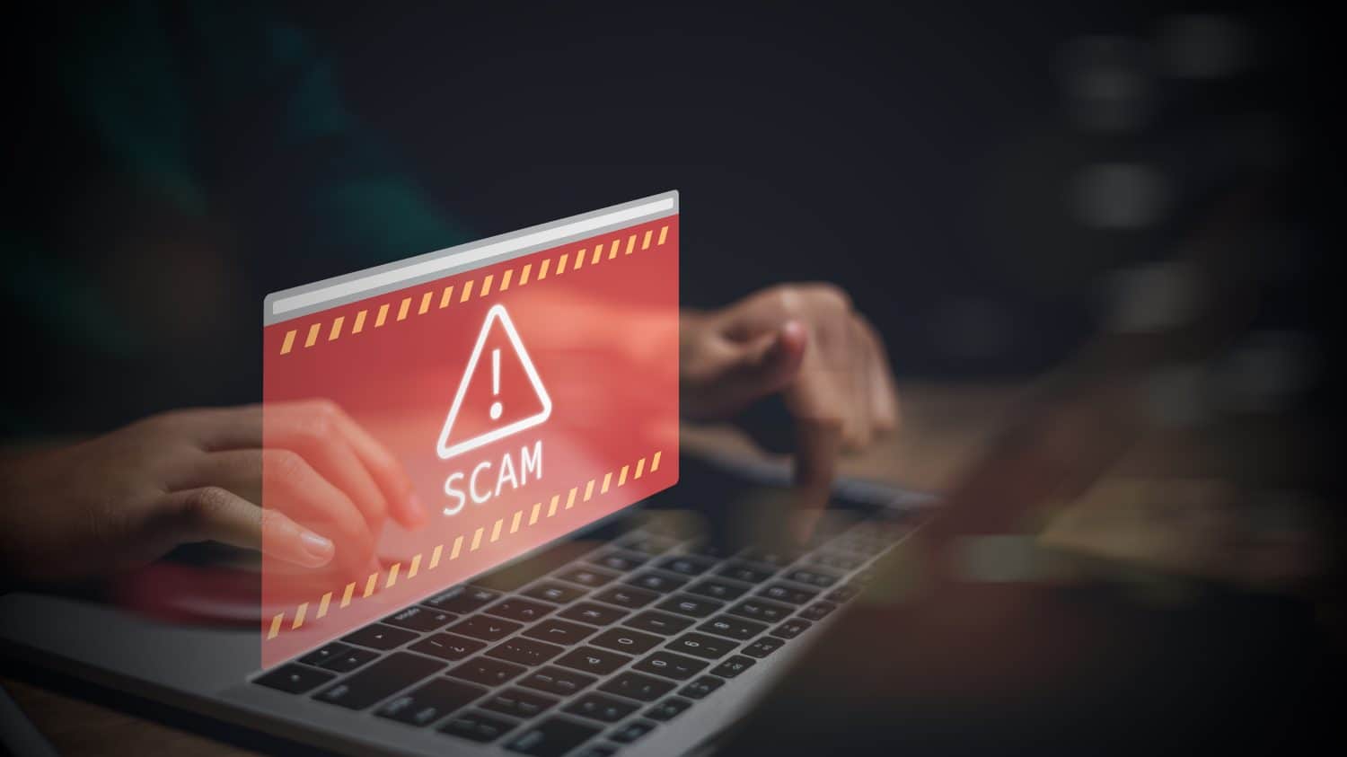 Scam alert, software warning fraud, cyber security. Hacker detection cyber attack on computer network, virus, spyware, malware, malicious software and cybercrime, online website. Protect information