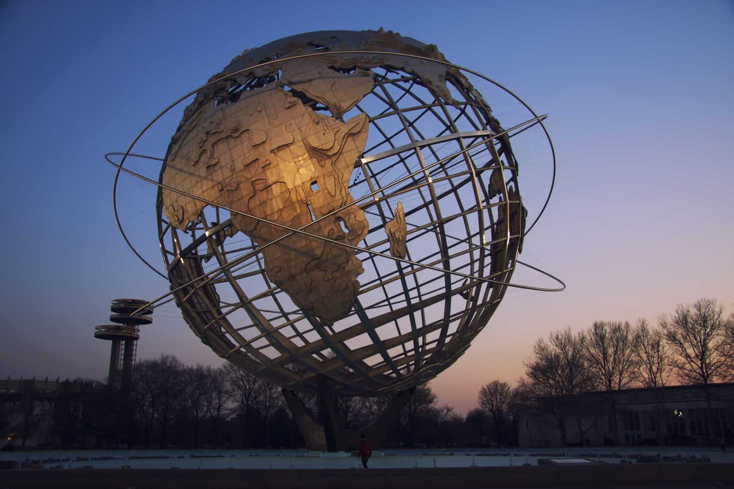 FLUSHING, NY - April 9: The iconic Unisphere in Flushing Meadows Corona Pk. in Queens, NYC as seen on April 9, 2009. The 12 story structure was commissioned for the 1964 NYC World&#039;s Fair.