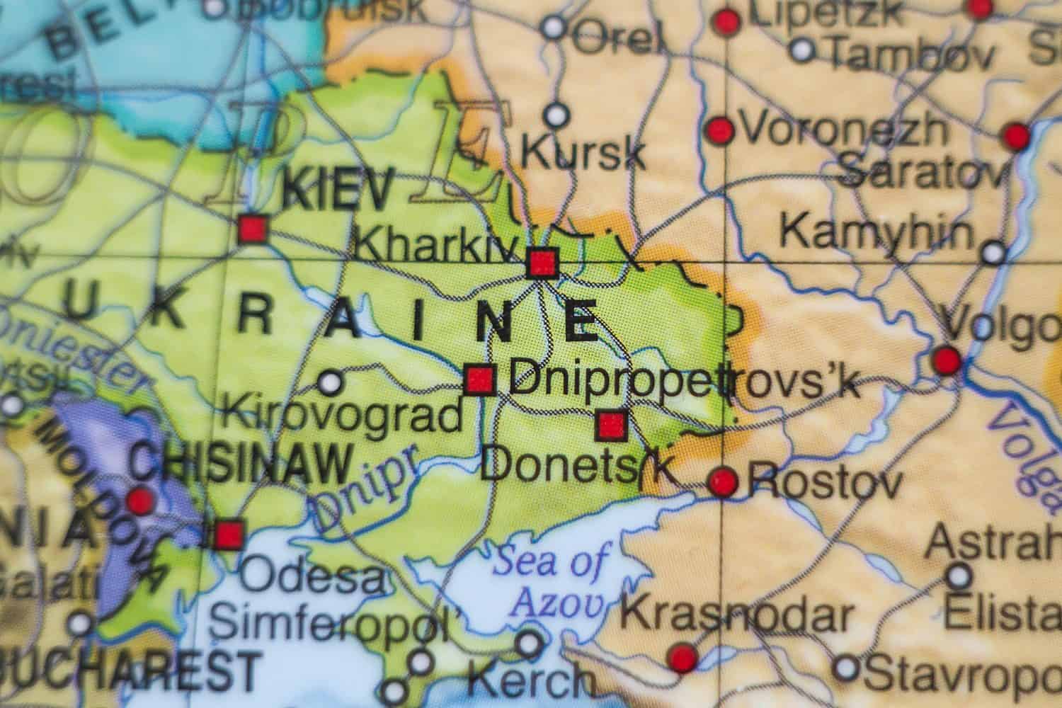 Photo of a map of Ukraine and the capital Kiev .