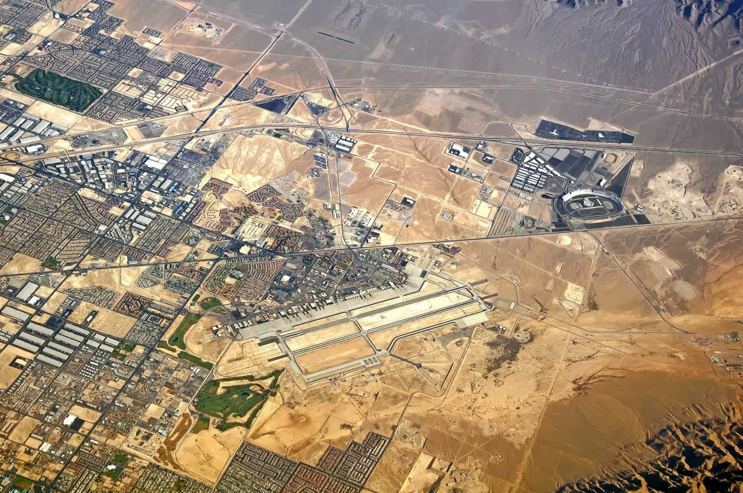 Aerial view of Las Vegas suburbs in Nevada United States of America with Nellis air force base Motor speedway detail exterior satellite landmark