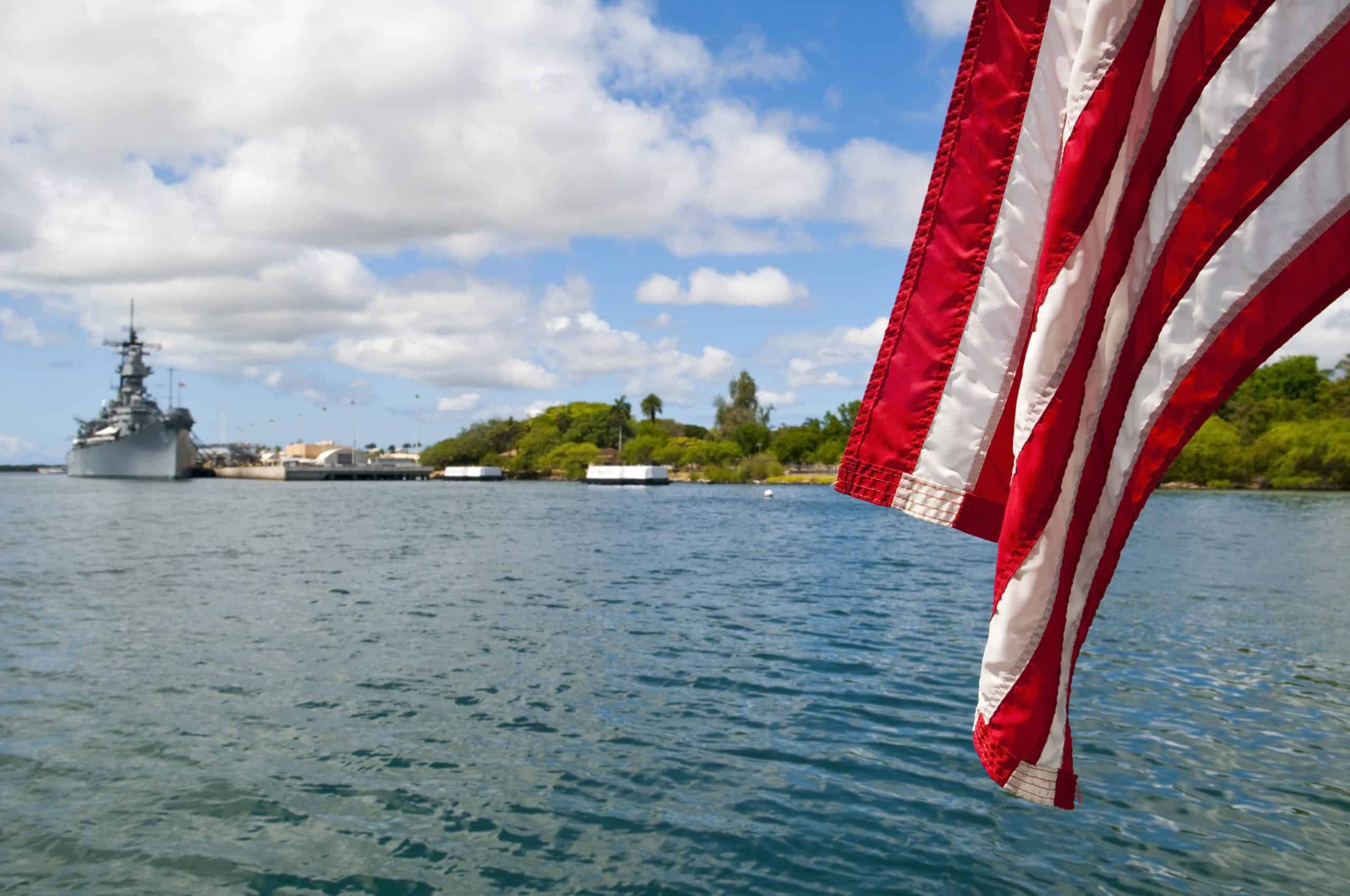 Pearl Harbor with American flag and U.S.S. Missouri