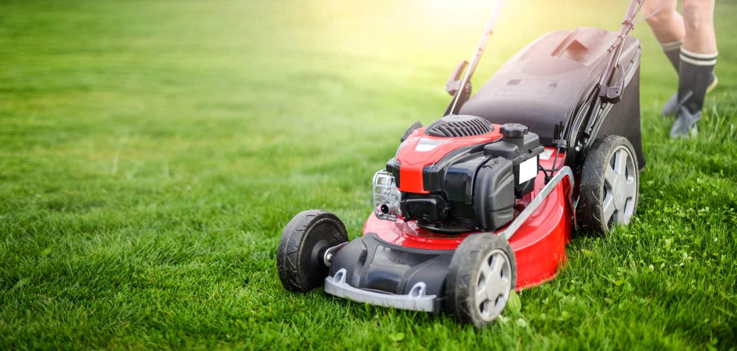 Lawn mover on green grass in modern garden. Machine for cutting lawns.