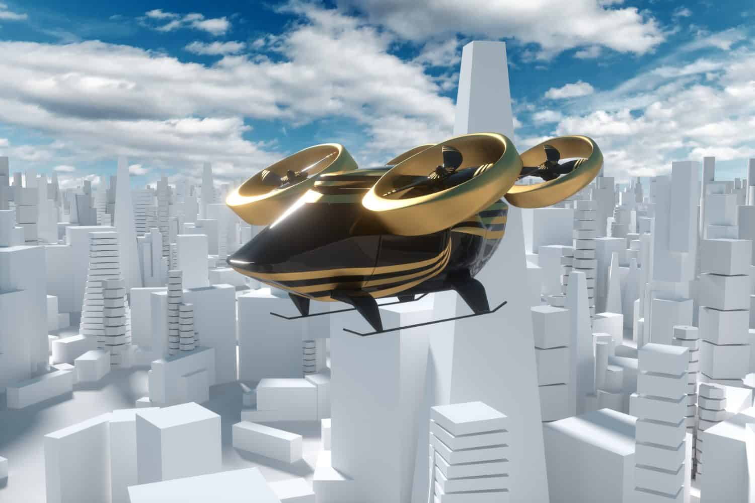 Flying car on a city background, urban electric transport drone. Car with propellers, clean air, fast ride. Mixed media, copy space