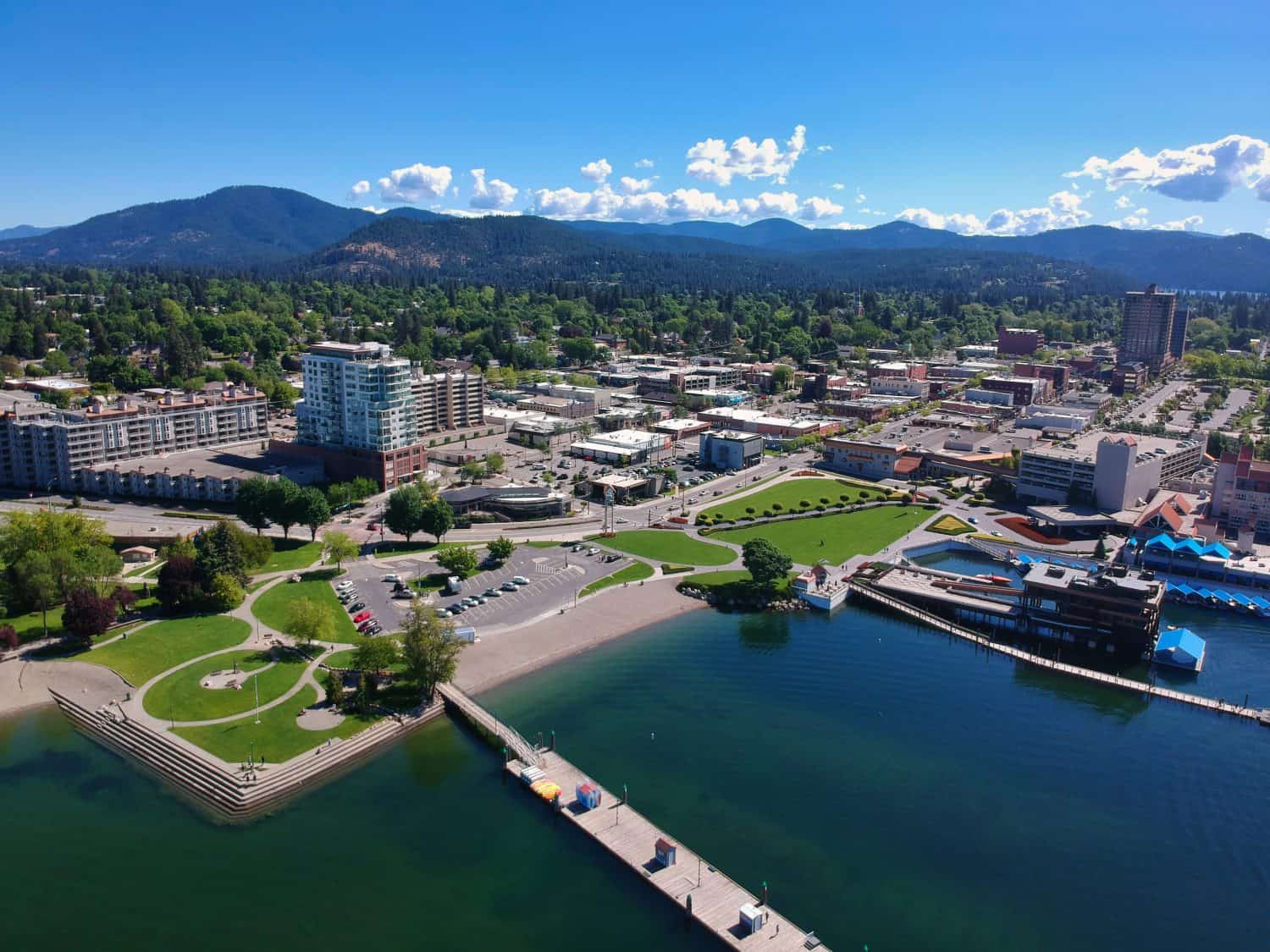 An Aerial View of Coeur d&#039;Alene, Idaho from over Lake Coeur d&#039;Alene