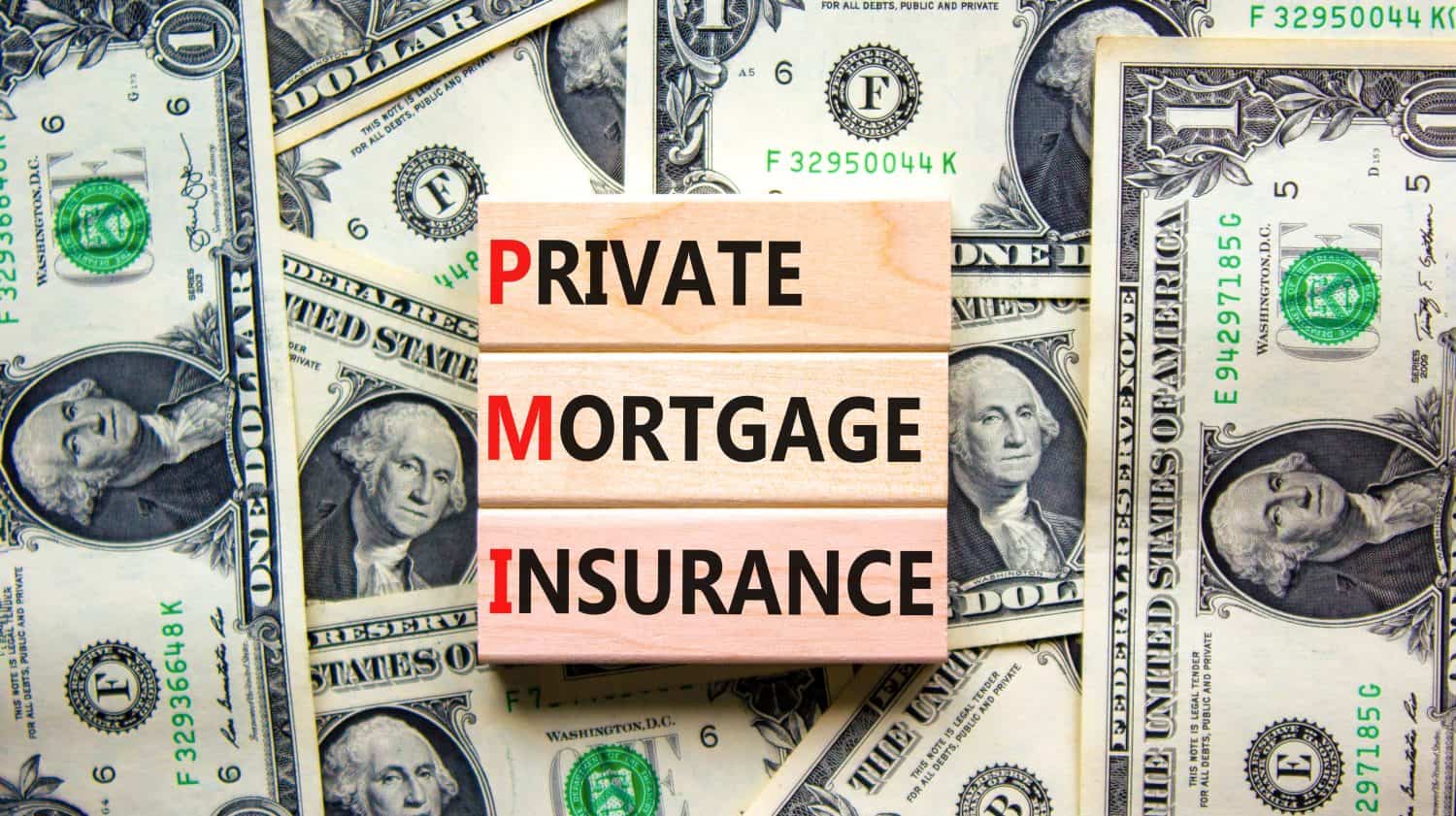 PMI private mortgage insurance symbol. Concept words PMI private mortgage insurance on blocks on a beautiful background from dollar bills. Business PMI private mortgage insurance concept. Copy space.
