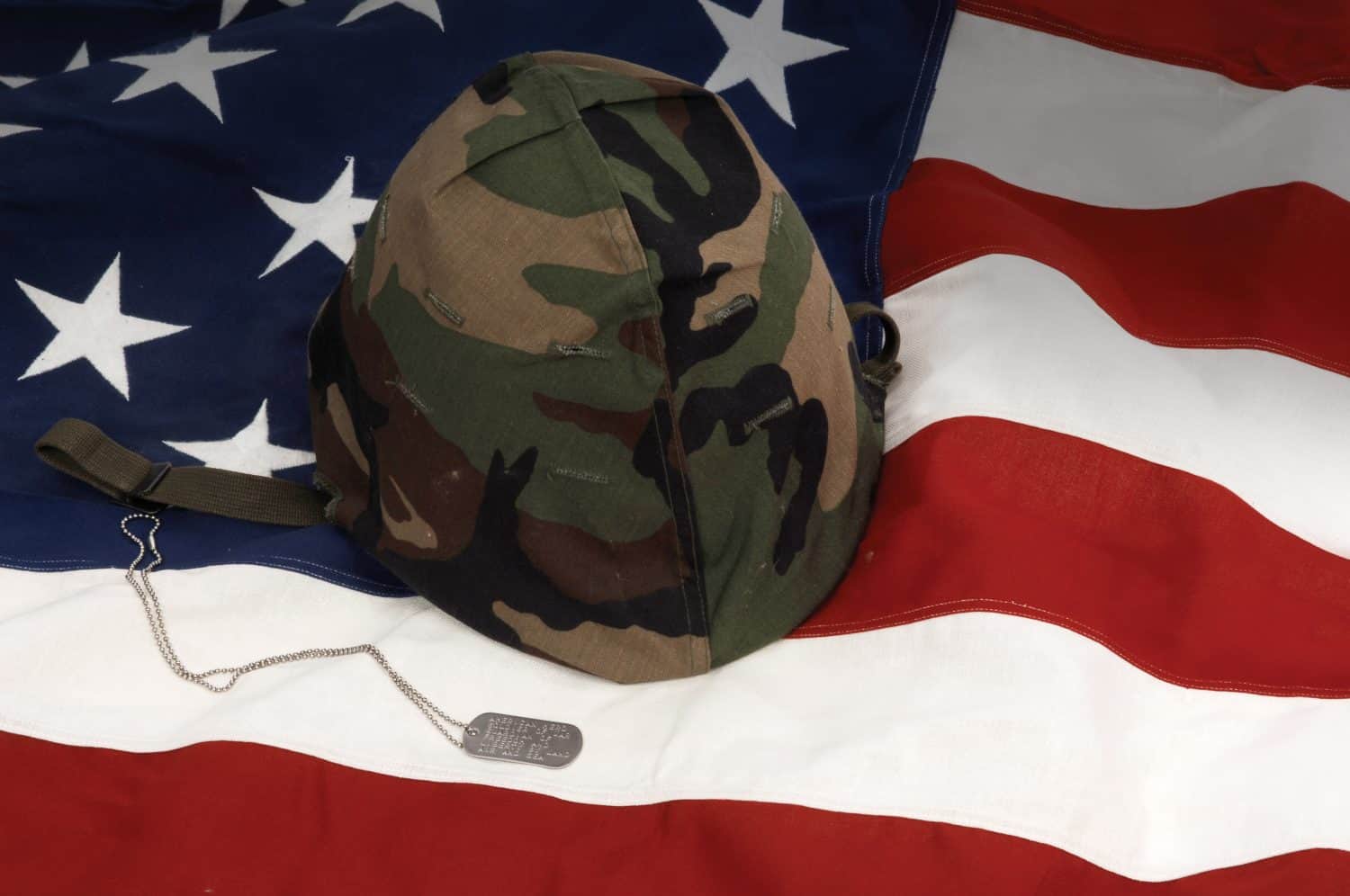 US Army helmet and dog tag on US flag background