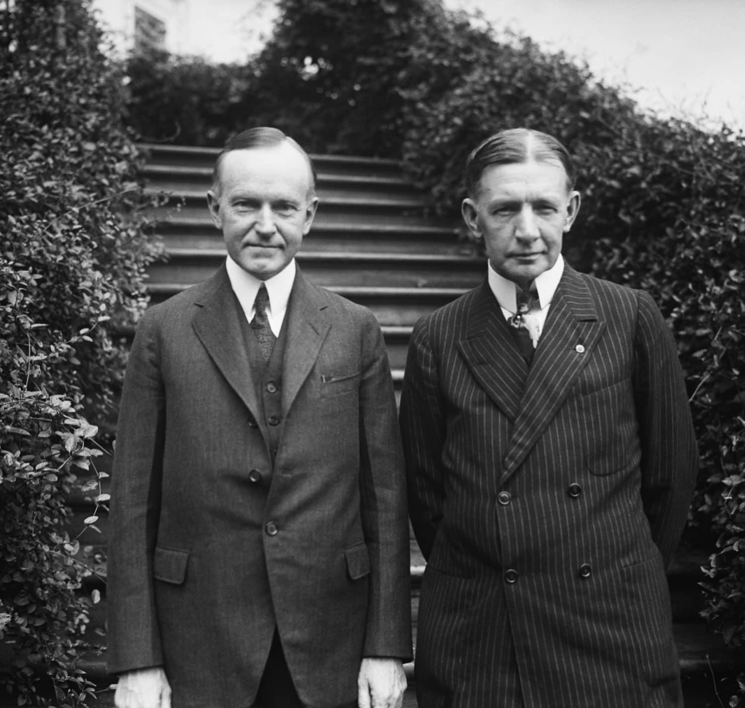 Calvin Coolidge with Charles Dawes, the Republican Vice Presidential nominee at the White House. June 1924. Both men were chosen as the Republican candidates at the party&#039;s National Convention in Clev