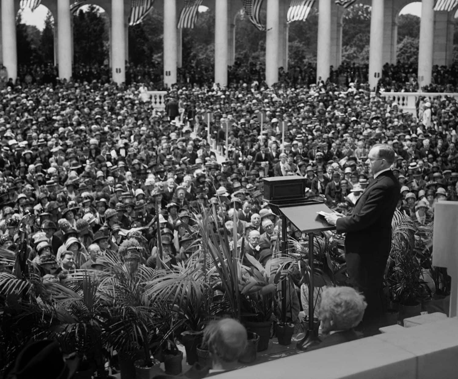 President Calvin Coolidge delivering Memorial Address at Arlington Amphitheater. May 30, 1924.