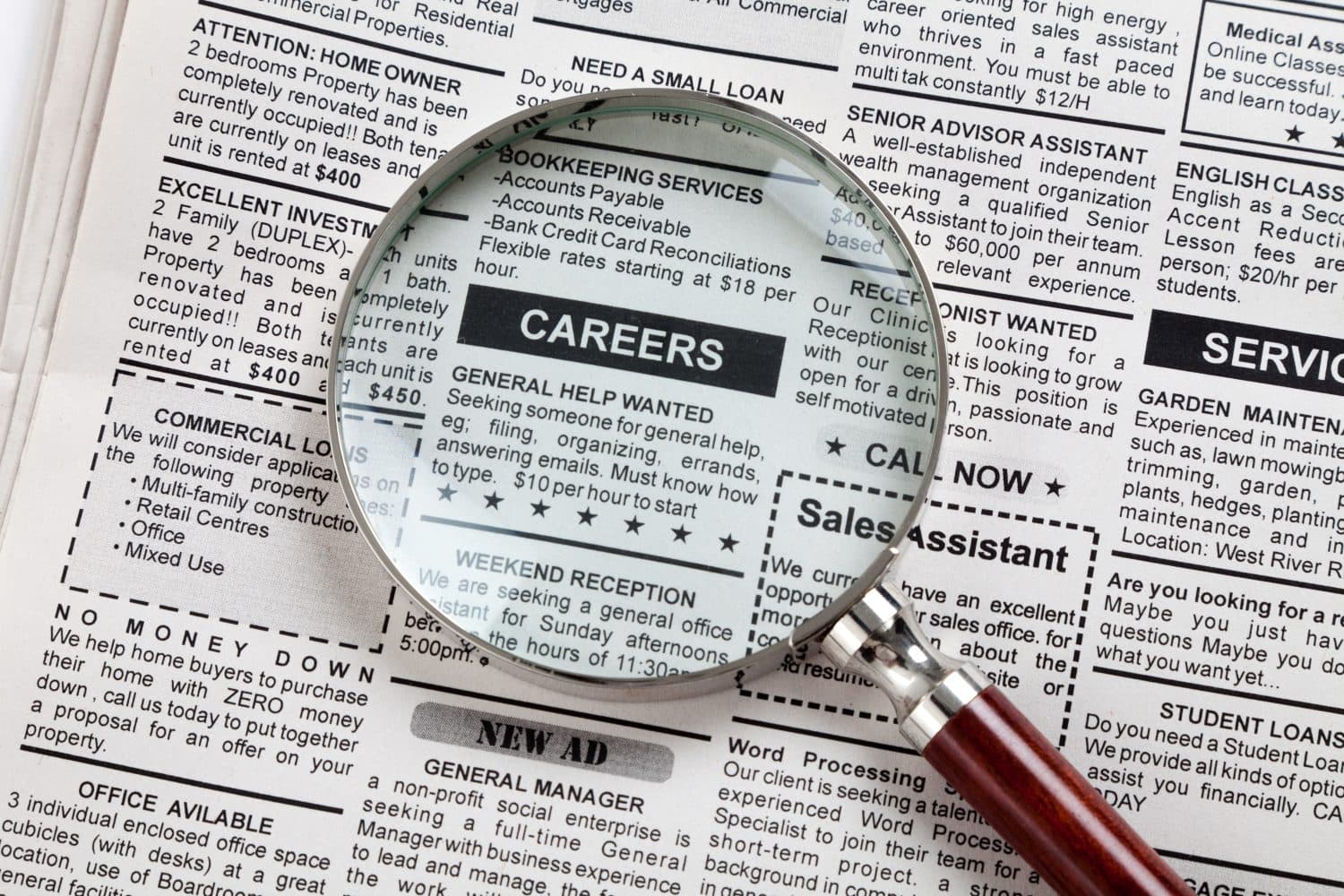 Fake Classified Ad, newspaper, business concept.
