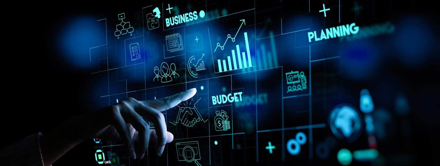 Project manager hand and management skills on computer Ui with icons of planning schedule of tasks and deliverables, budget, team work strategy.