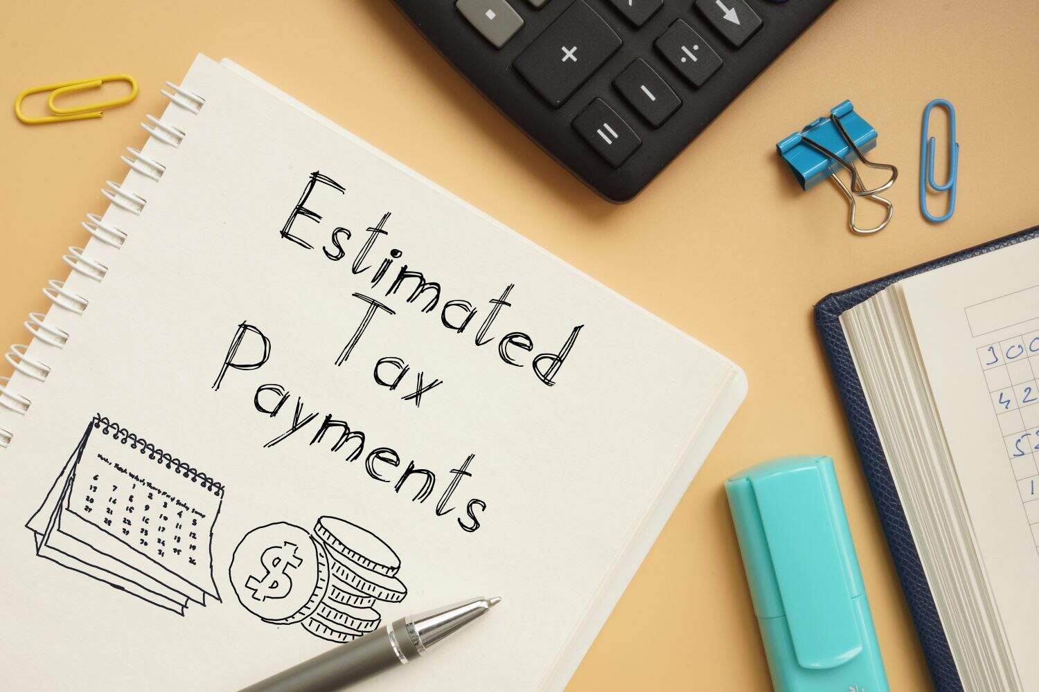Estimated tax payments are shown on a business photo using the text