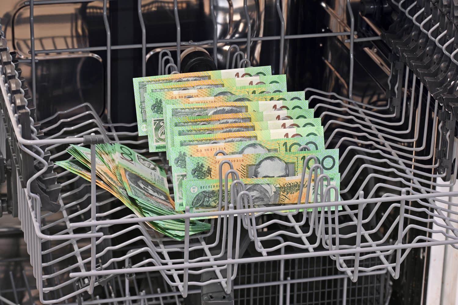 Australian one hundred dollar bills in the dish washer