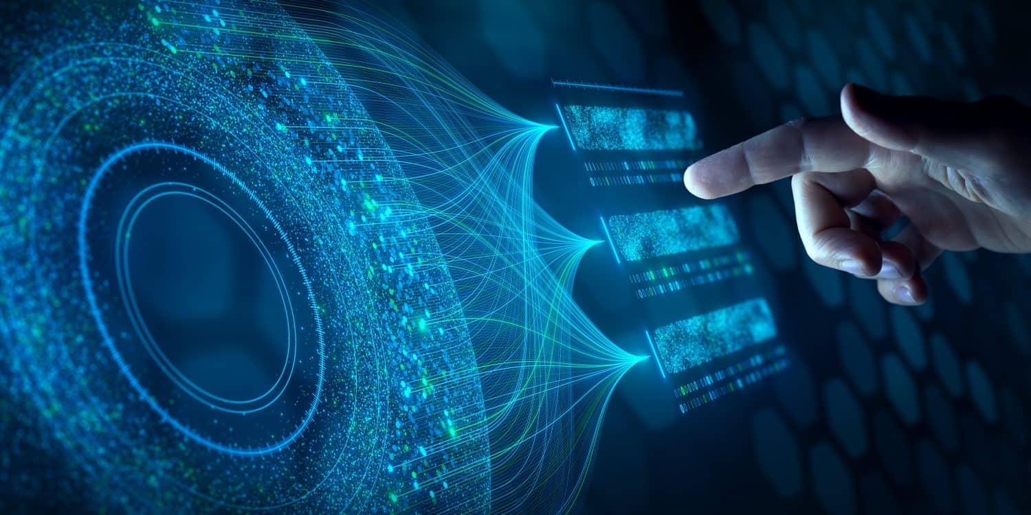 Big data analysis with AI technology. Person using machine learning and deep learning neural network for data science, data mining, business analytics, automation, data engineering. Glowing particles.