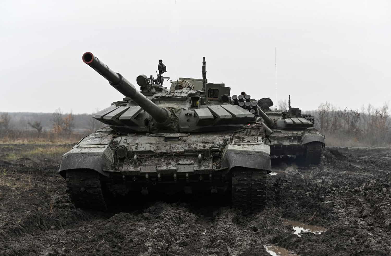 Russian tanks participate in military drills in the southern Krasnodar region, showcasing armored firepower and battlefield maneuvers.