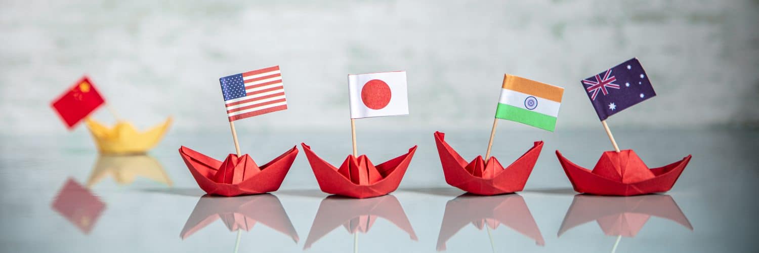 Quad alliance concept with ships and flags, panorama, usa, australia, india and japan
