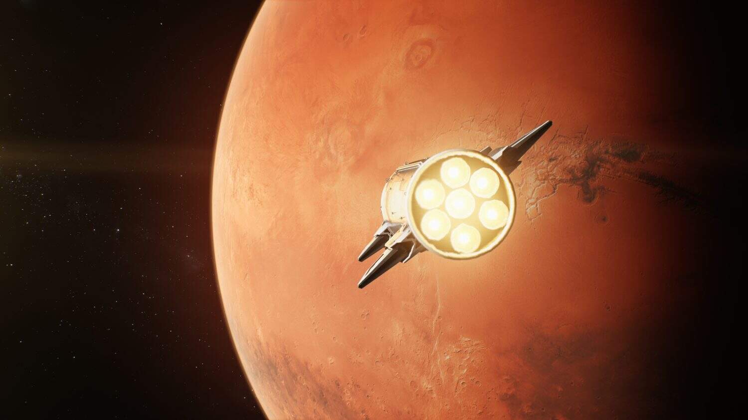 Realistic 3D animation of spaceship flying on Mars in dark outer space. Manned research space mission on red planet. Future human colonization and universe exploration concept. Technological advance.