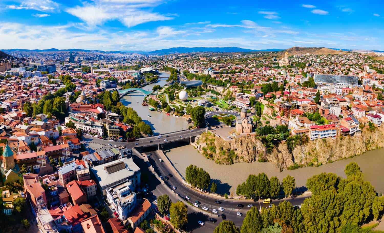 Tbilisi old town aerial panoramic view. Tbilisi is the capital and the largest city of Georgia, lying on the banks of the Kura River.