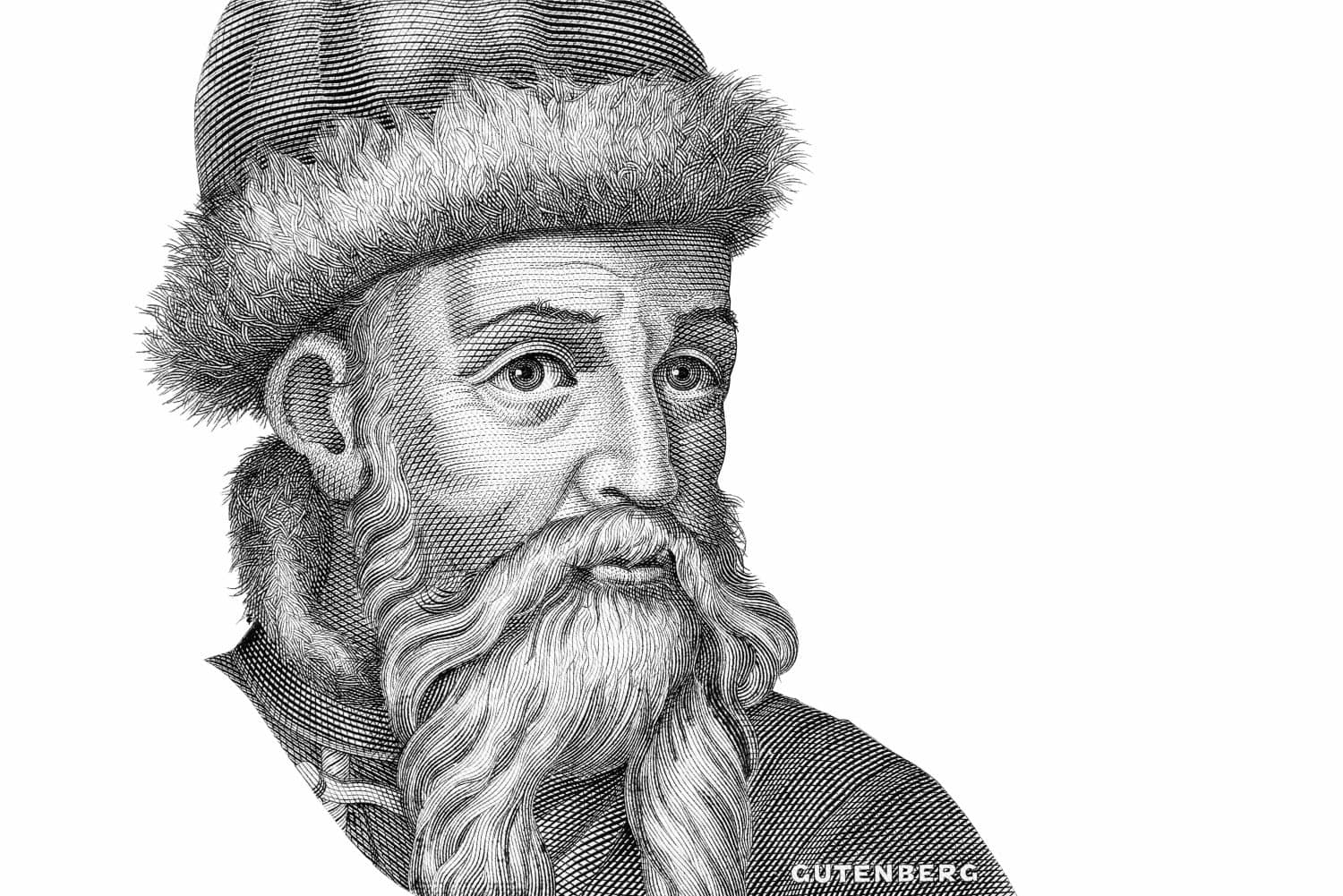 "Johann Gutenberg" (Gutenberg), a German smith and inventor Printing technology developer 1450, Important person in the world. Portrait on Test Note 1 OPTI SPECIMEN, Test Note De La Rue banknotes.