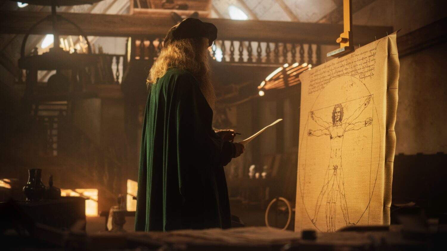 Medium Shot of the Drawing of the Vitruvian Man by Leonardo da Vinci Resting on an Easel in Renaissance Art Studio. Famous Piece Representing Science, Art, Health and Fitness. Scientist Studying it
