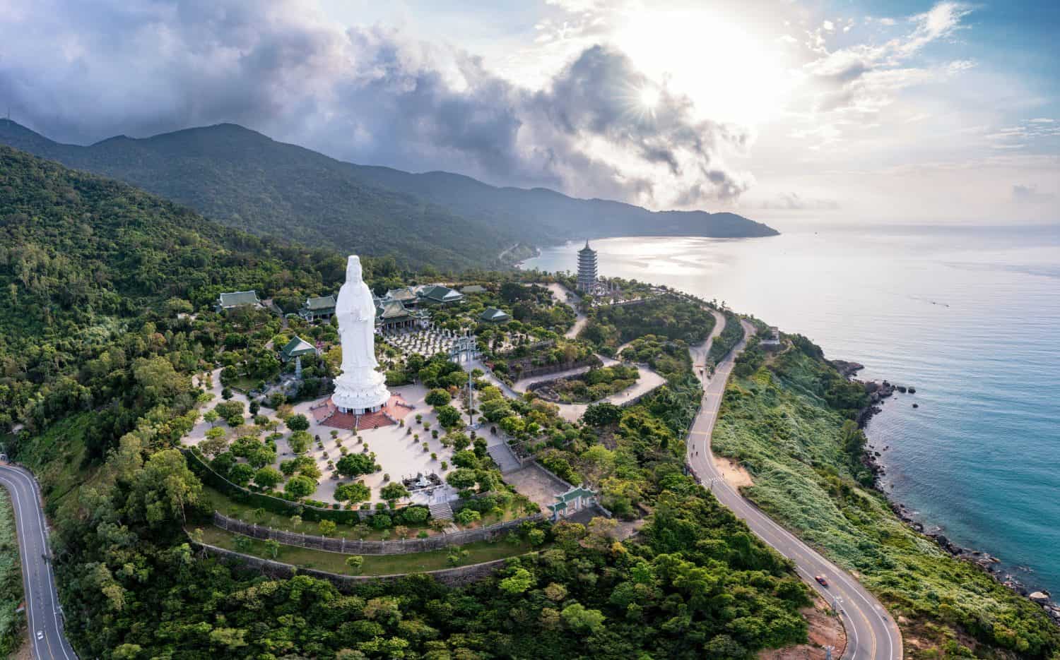 Aerial view of Ling Ung pagoda, Son Tra peninsula, Da Nang, Vietnam. Aerial view of Linh Ung pagoda which is one of the most famous destination for tourists.