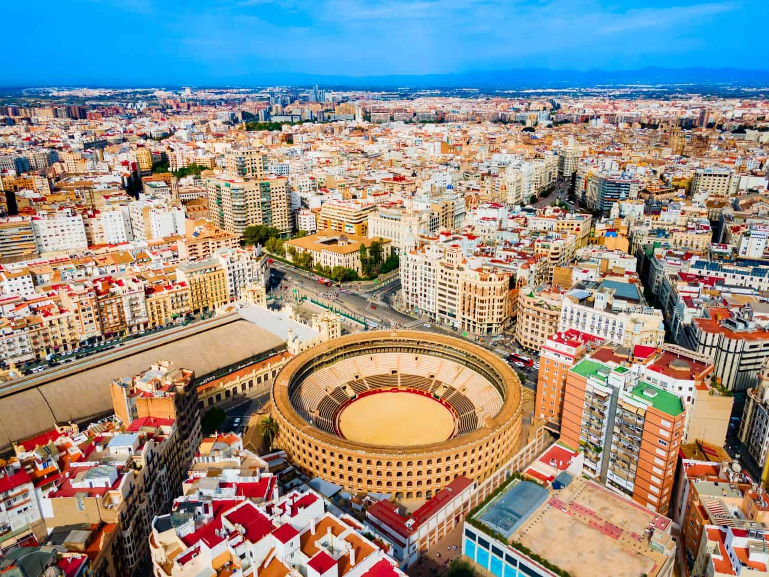 Plaza de Toros de Valencia or Plaza de bous aerial panoramic view. It is a bullring in Valencia city, Spain.
