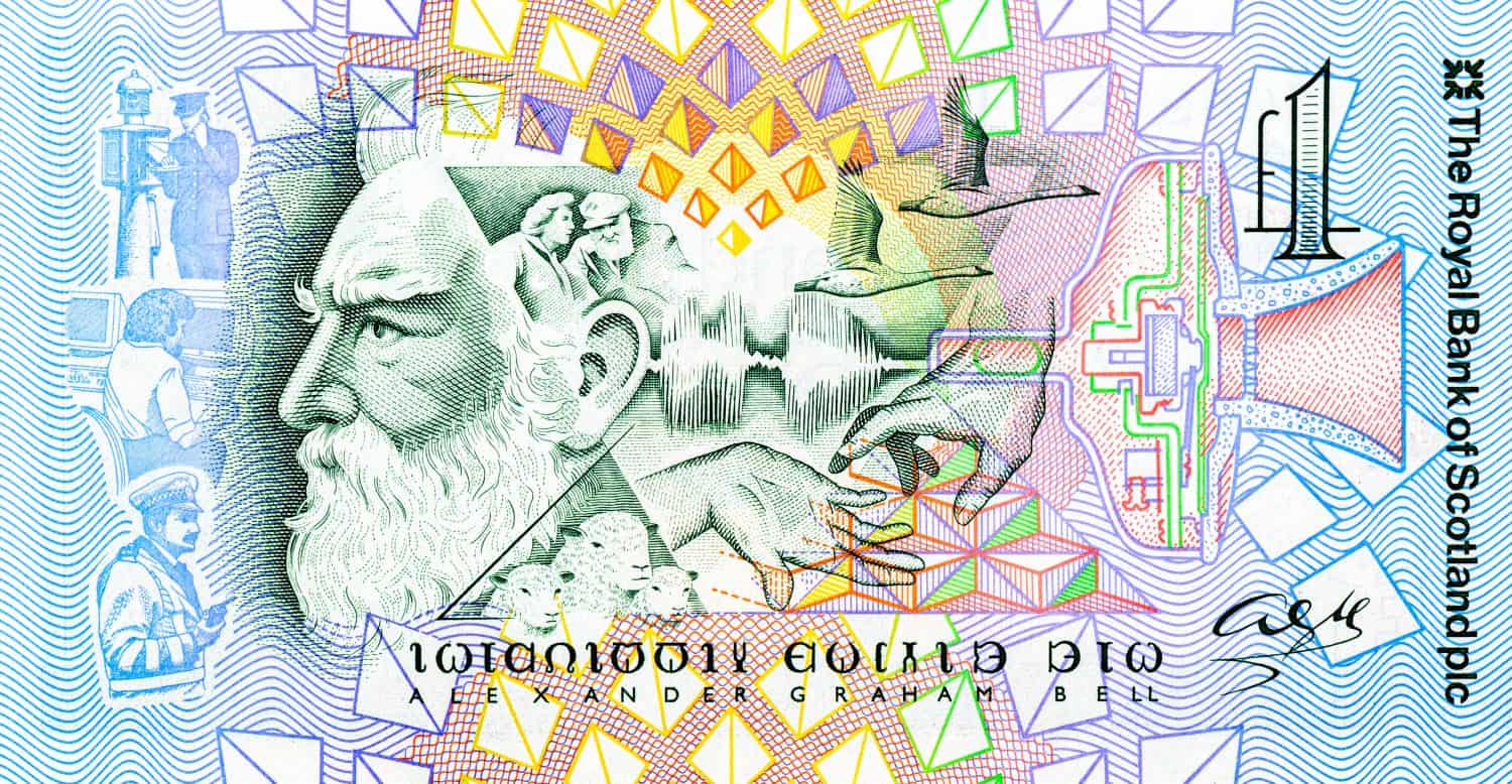 Portrait of Alexander Graham Bell and images from his life and work. Portrait from Scotland 1 Pound 1997 Banknotes.