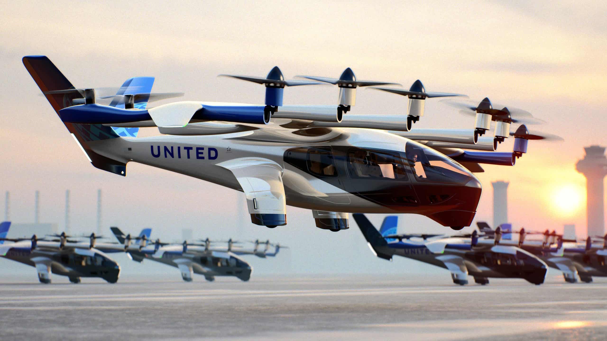 A futuristic, white, blue, and black eVTOL aircraft with 'UNITED' branding is depicted taking off from a tarmac. Several similar eVTOLs are lined up in the background. The scene is set against a soft, golden sunrise or sunset sky with distant airport buildings visible.