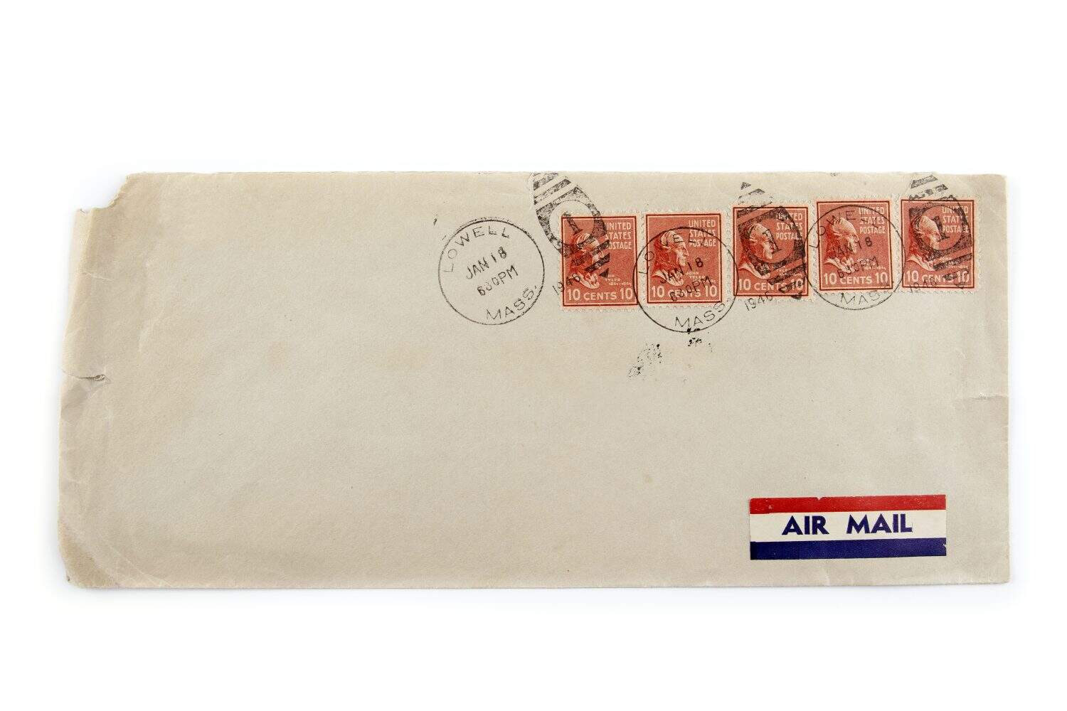 Stamps and air mail label on old envelope. 1946