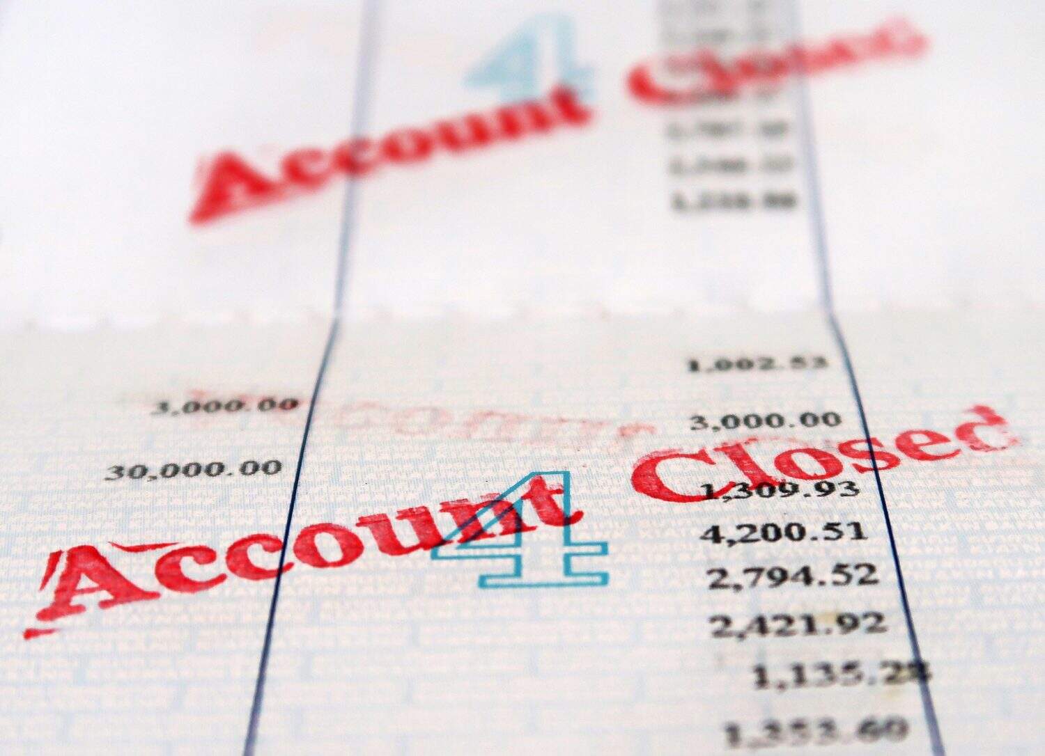 Banl passbook with red stamp ACCOUNT CLOSED - concept of closing bank account