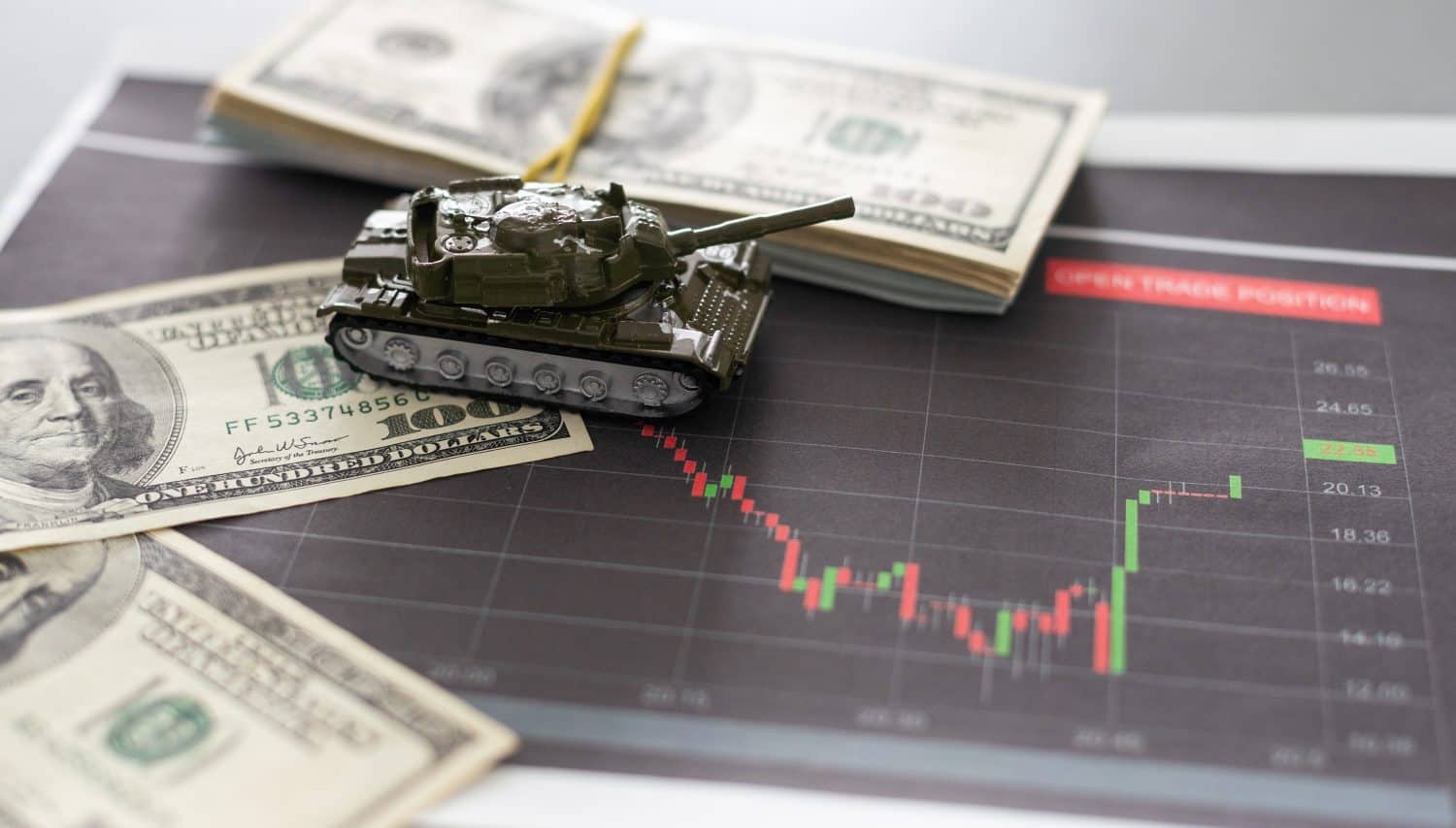 a toy tank, dollars and a tablet
