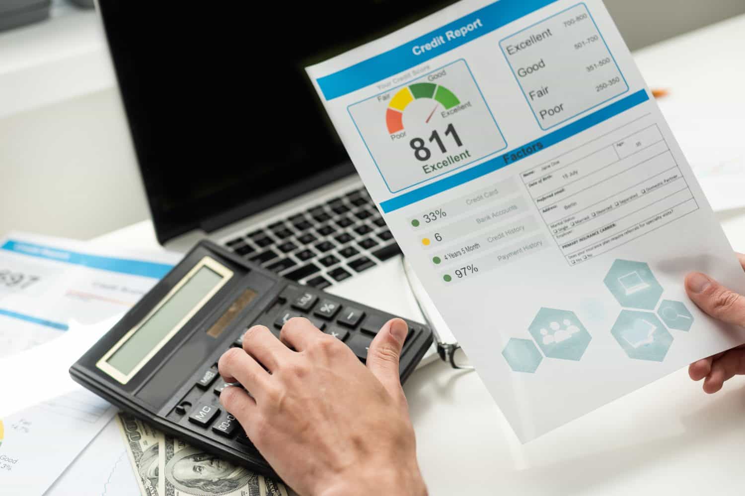 The man checks the credit report and how many credit points.