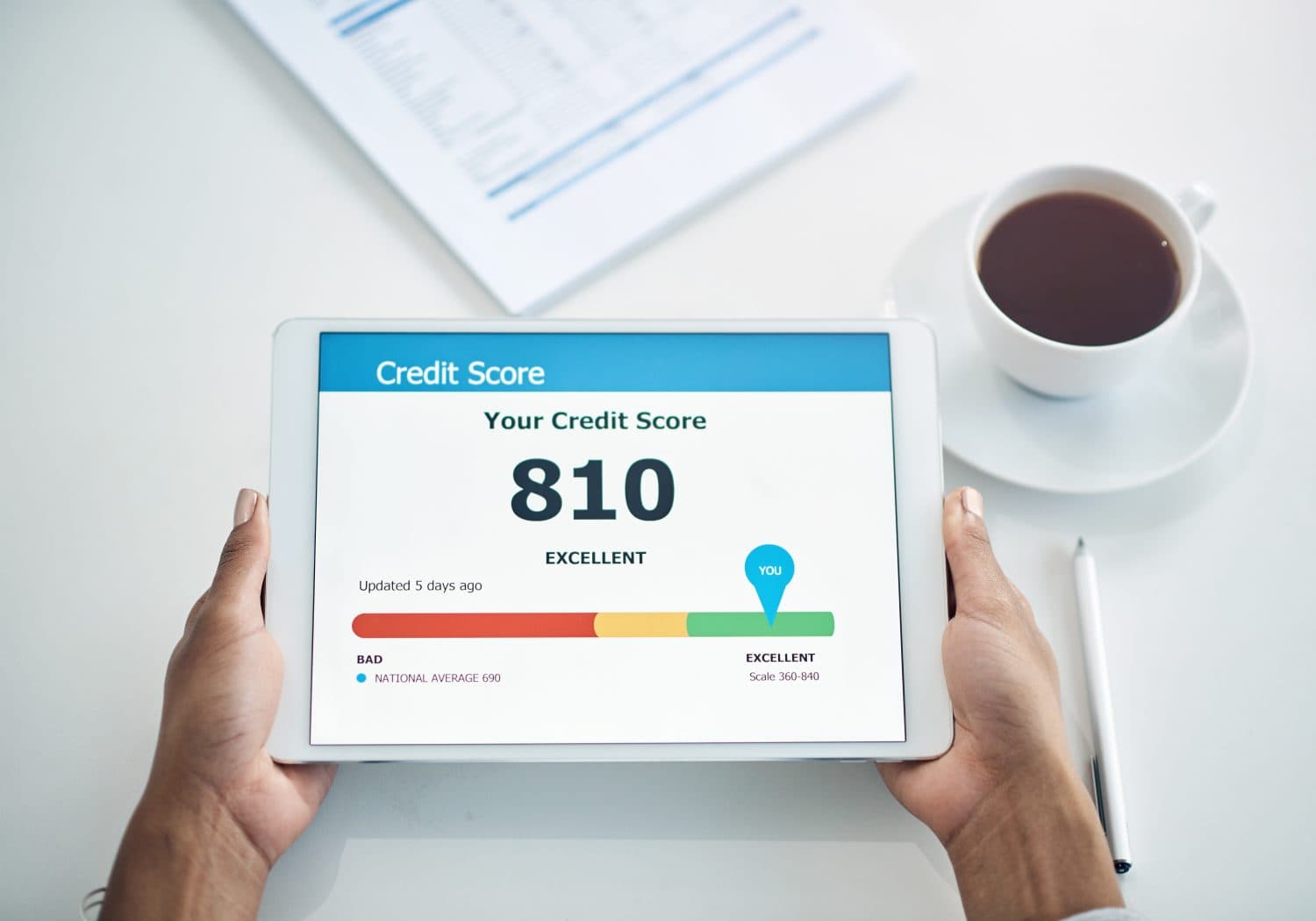 Tablet, hands and credit score app with financial ranking for loan interest rate or insurance approval. Office, technology and screen with statistics, graphs and info for budget and bank planning