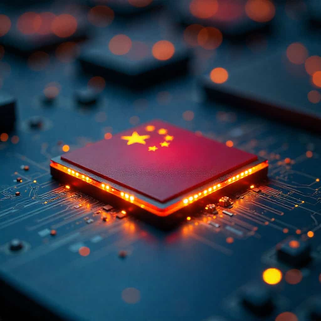 A detailed, close-up shot of a rectangular microchip with the Chinese national flag (red field, five yellow stars) on its top surface. The chip emits a bright orange light from its lower edges, illuminating the surrounding dark blue circuit board which also displays faint glowing orange lines and blurred bokeh lights in the background. The composition emphasizes technological advancement and digital connectivity.