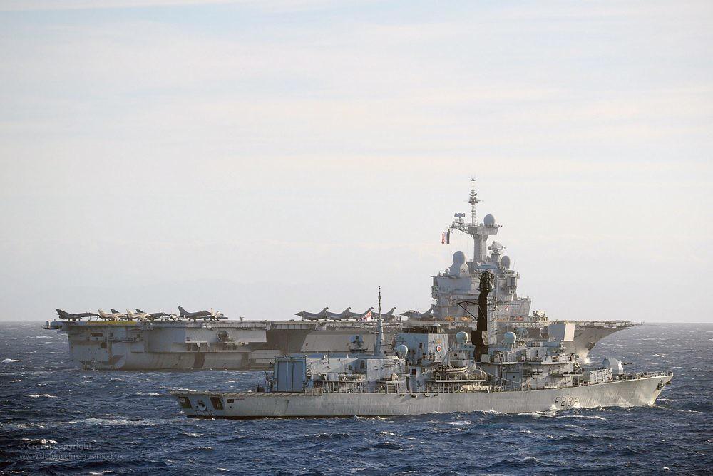 HMS Northumberland with French Aircraft Carrier Charles de Gaulle by Defence Images