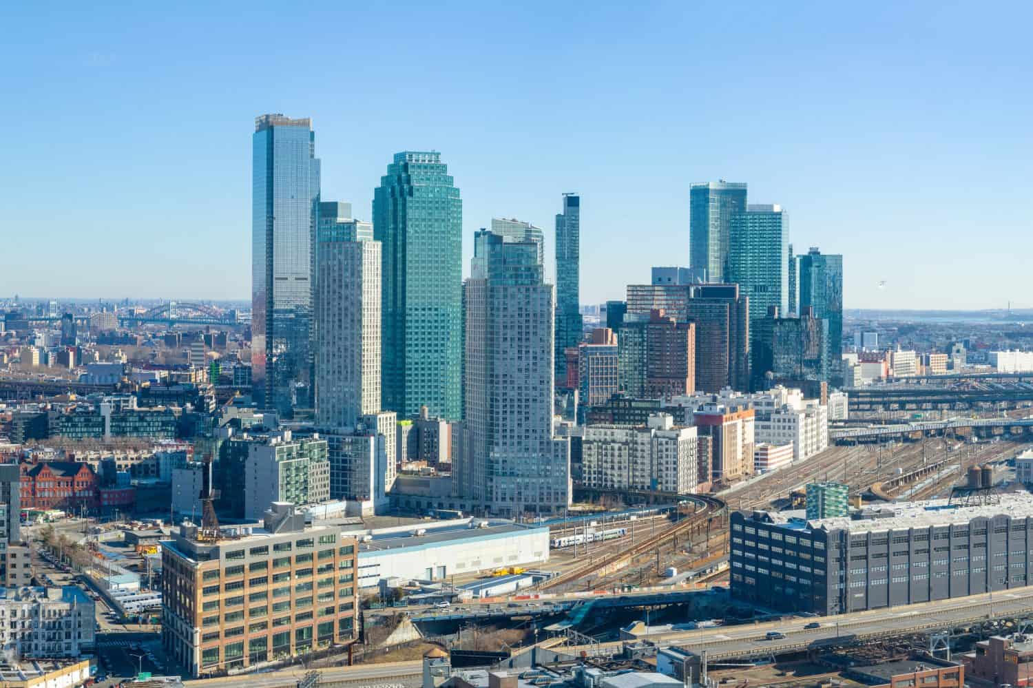 Aerial view of the Long Island City office buildings in Queens, New York City.