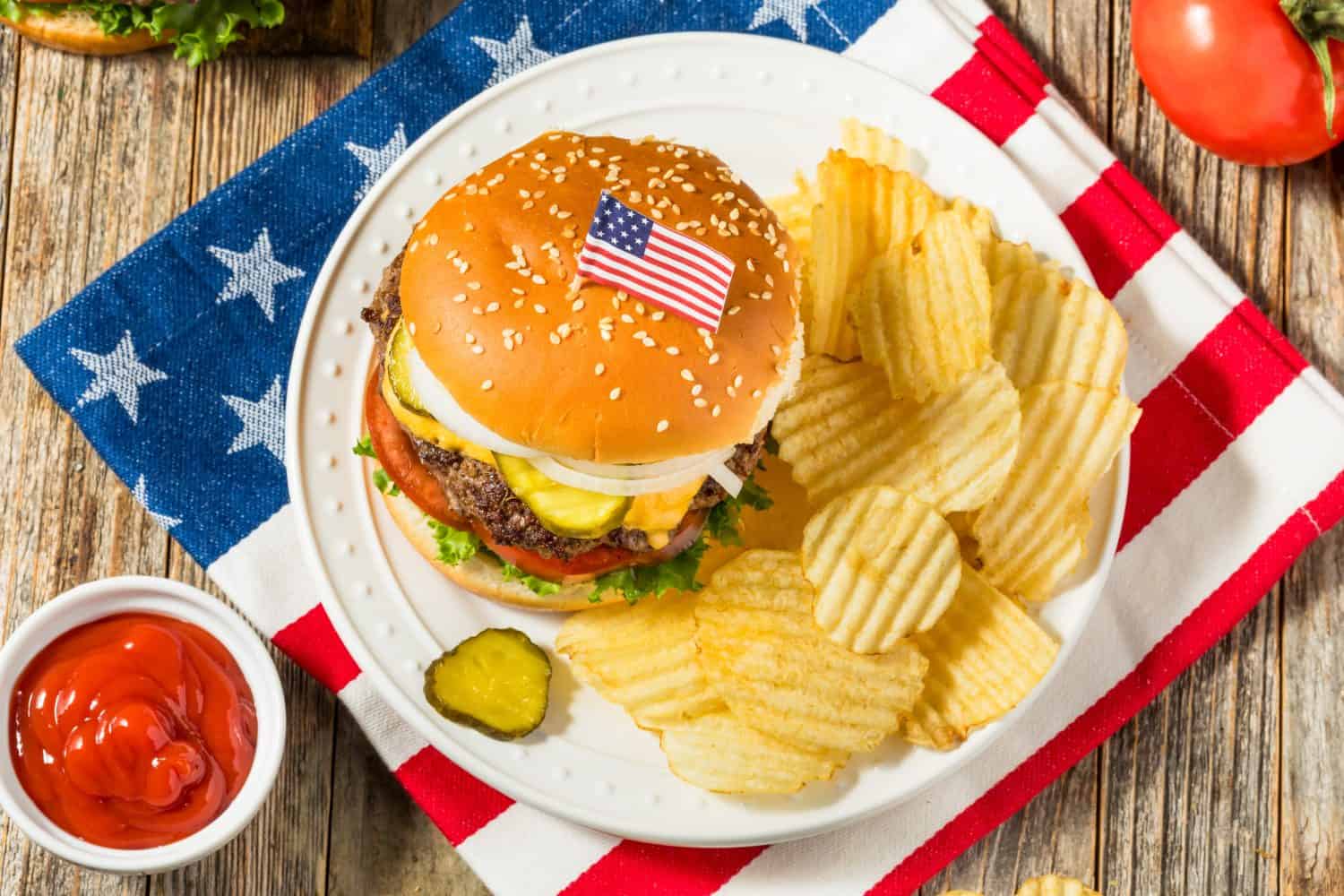 Patriotic American Memorial Day Cheeseburger with Potato Chips