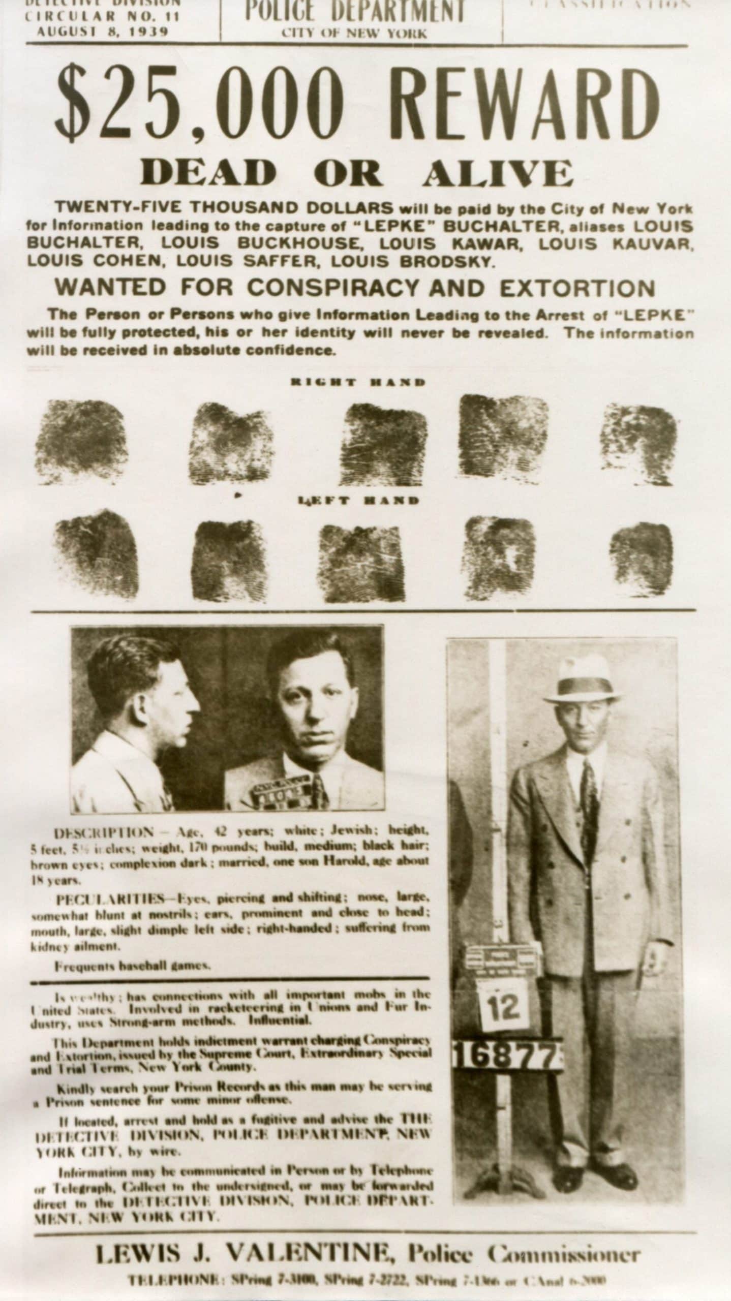 Wanted poster with mugshots Louis 'Lepke' Buchalter, Jewish American gangster. Aug. 9, 1949.