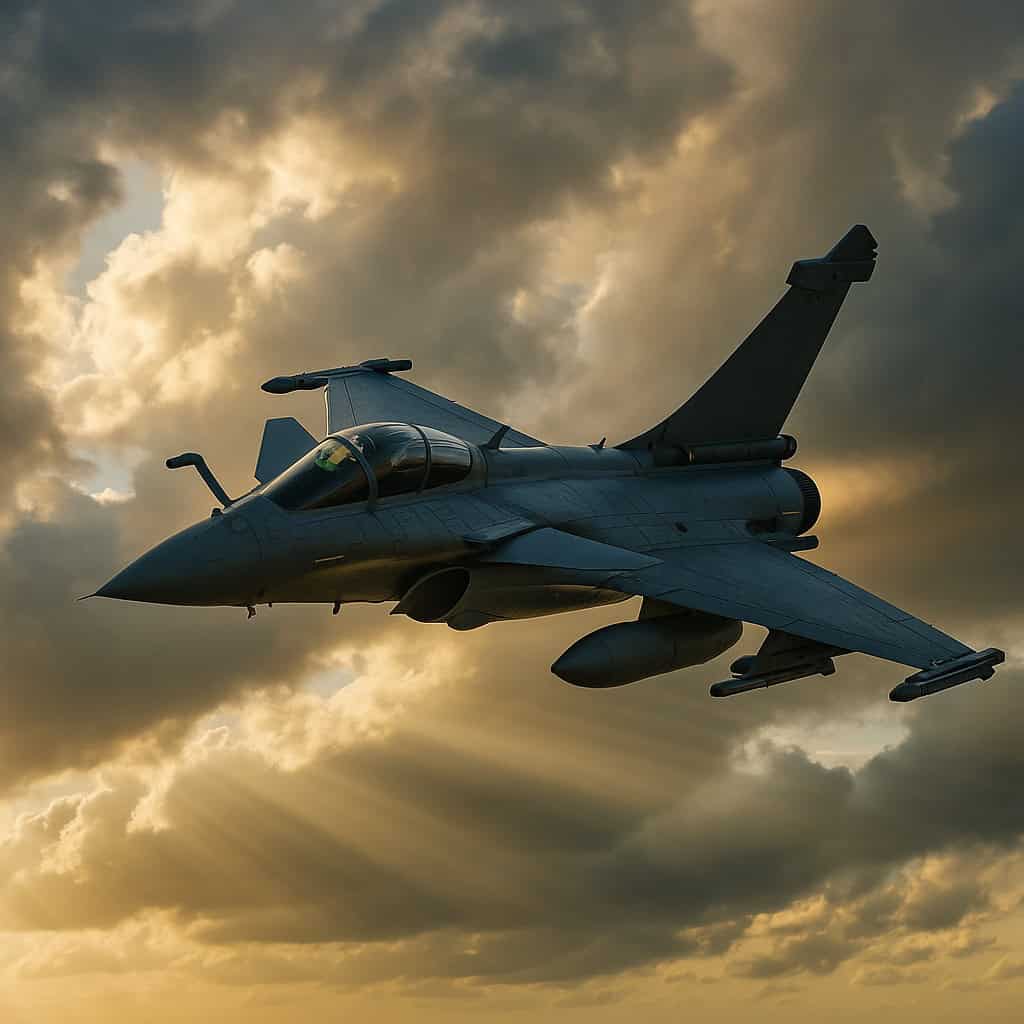 A gray fighter jet with two external fuel tanks flies through a partly cloudy sky, with bright sun rays breaking through the clouds. The aircraft is angled from the lower left to the upper right.