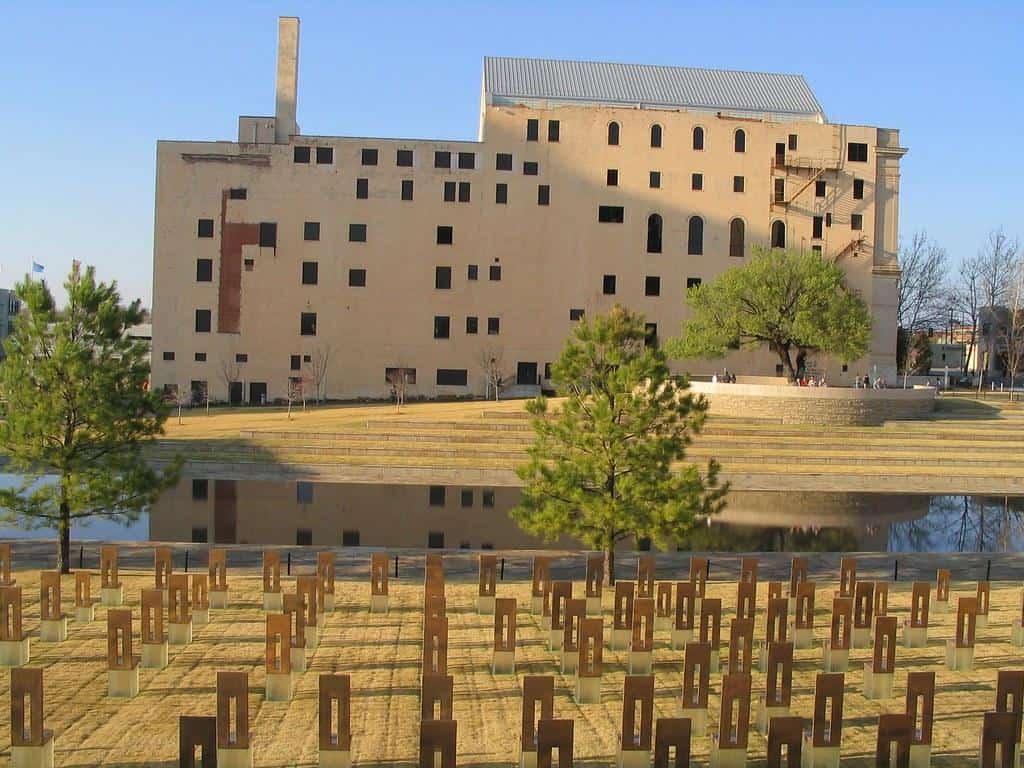 Journal Record Building, Field of Chairs, Reflecting Pool, and Survivor Tree, Oklahoma City National Memorial, Oklahoma City, Oklahoma by Ken Lund