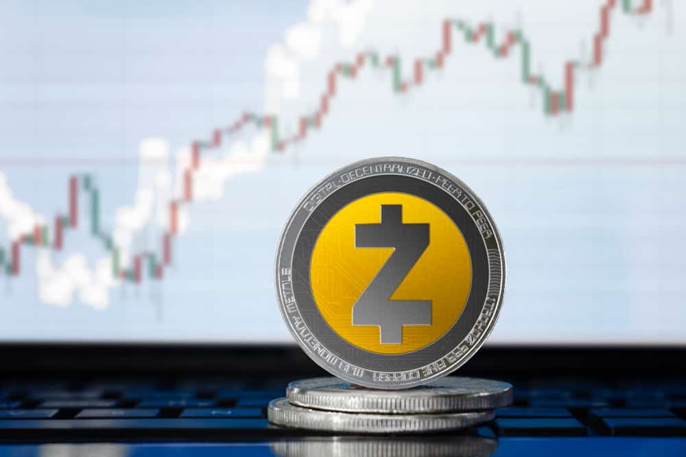 Zcash (ZEC) cryptocurrency; physical concept Zcash coin on the background of the chart