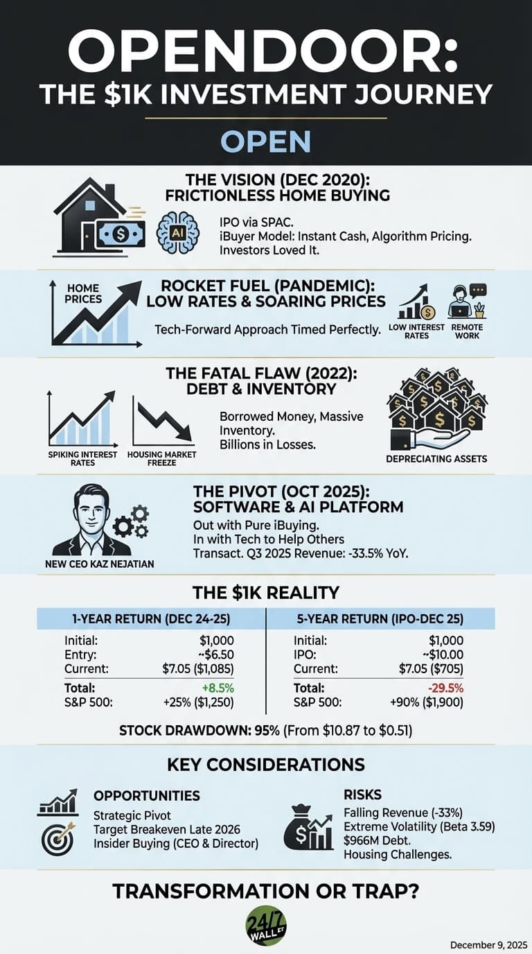 An infographic titled 'Opendoor: The $1K Investment Journey' details the company's history and investment performance. It outlines the Dec 2020 vision, the pandemic's 'rocket fuel' effect, and the 'fatal flaw' of debt and inventory in 2022. It highlights a pivot to a software and AI platform in Oct 2025 under new CEO Kaz Nejatian. The '$1K Reality' section shows a 1-year return (Dec 24-25) of +8.5% ($1,085) and a 5-year return (IPO-Dec 25) of -29.5% ($705) for a $1,000 initial investment, contrasted with S&amp;P 500 gains. A 95% stock drawdown from $10.87 to $0.51 is noted. Key opportunities include a strategic pivot and insider buying, while risks include falling revenue, extreme volatility, and significant debt. The infographic uses icons for homes, an AI brain, financial charts, and a human profile, set against dark blue, light blue, white, and black backgrounds.