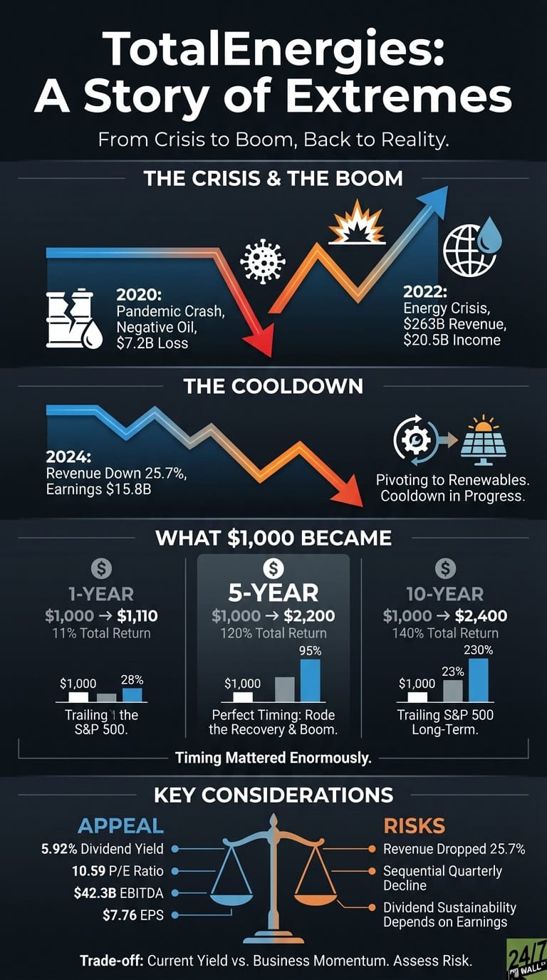 An infographic titled 'TotalEnergies: A Story of Extremes' visualizes the company's financial timeline and investment performance. The top section, 'The Crisis &amp; The Boom,' shows a timeline with a sharp decline in 2020 (Pandemic Crash, -$7.2B Loss) followed by a rise in 2022 (Energy Crisis, $20.5B Income). The 'The Cooldown' section depicts a subsequent decline in 2024 (Revenue Down 25.7%, Earnings $15.8B) and the company's pivot to renewables. Below, 'What $1,000 Became' details returns over 1, 5, and 10 years: $1,110 (11% total return), $2,200 (120% total return), and $2,400 (140% total return), with comparisons to the S&amp;P 500. The bottom section, 'Key Considerations,' uses a balance scale to list 'Appeal' factors like a '5.92% Dividend Yield' and '10.59 P/E Ratio' on one side, and 'Risks' such as 'Revenue Dropped 25.7%' and 'Dividend Sustainability Depends on Earnings' on the other. Text at the bottom notes the 'Trade-off: Current Yield vs. Business Momentum. Assess Risk.'