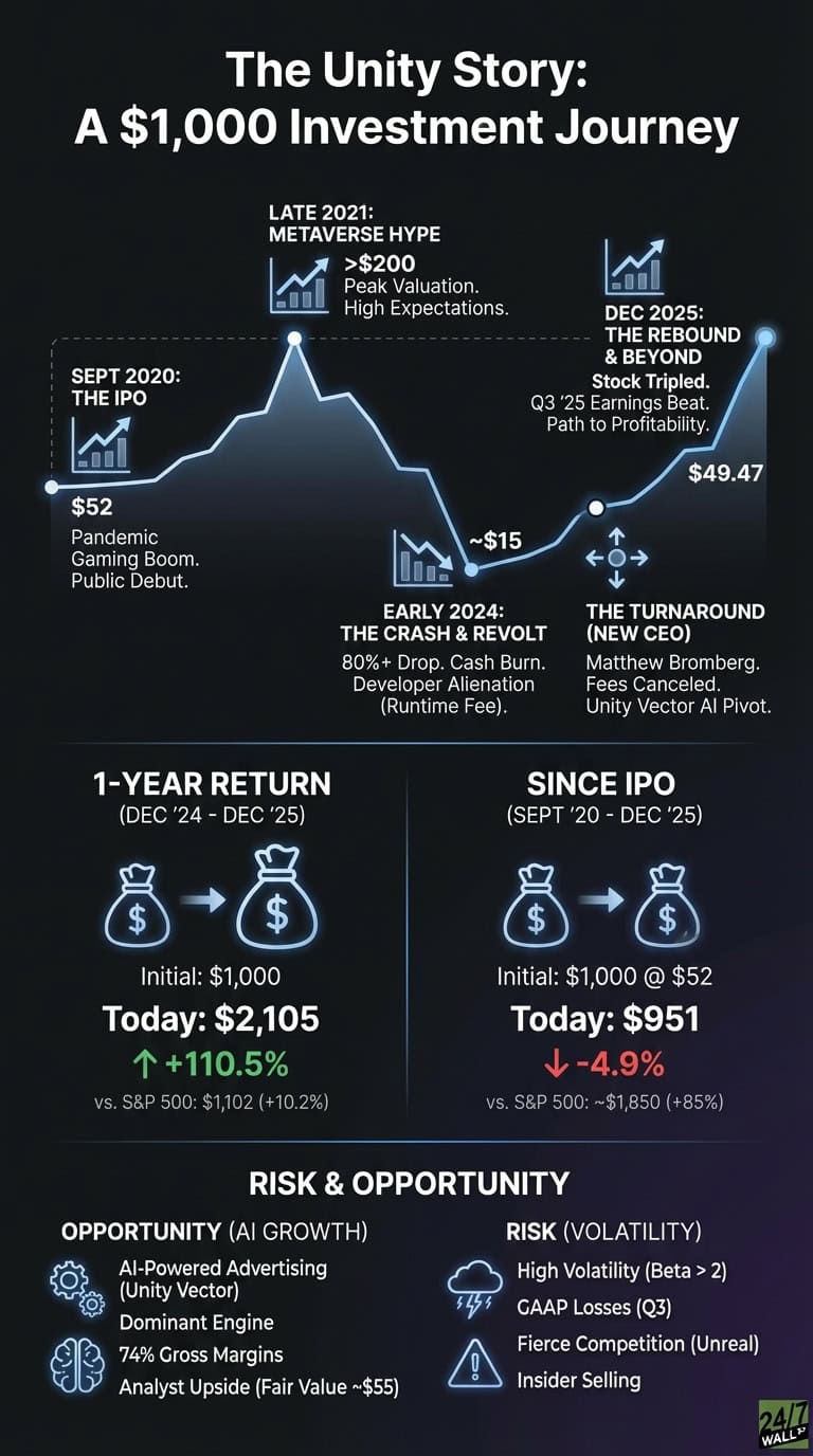 An infographic titled 'The Unity Story: A $1,000 Investment Journey' on a dark background. The top half displays a light blue line graph showing Unity's stock price from September 2020 IPO at $52, peaking above $200 in late 2021, crashing to around $15 by early 2024, and rebounding to $49.47 by December 2025. Key events are labeled at each point: IPO, Metaverse Hype, The Crash &amp; Revolt, The Turnaround, and The Rebound &amp; Beyond. The bottom left section indicates a 1-year return (Dec '24-'25) showing an initial $1,000 growing to $2,105 (+110.5%), outperforming the S&amp;P 500. The bottom right shows the return since IPO (Sept '20-'25) where $1,000 invested at $52 is now $951 (-4.9%), underperforming the S&amp;P 500. The lowest section lists 'Risk &amp; Opportunity' with opportunities like AI-Powered Advertising and Dominant Engine, and risks like High Volatility, GAAP Losses, Fierce Competition, and Insider Selling.