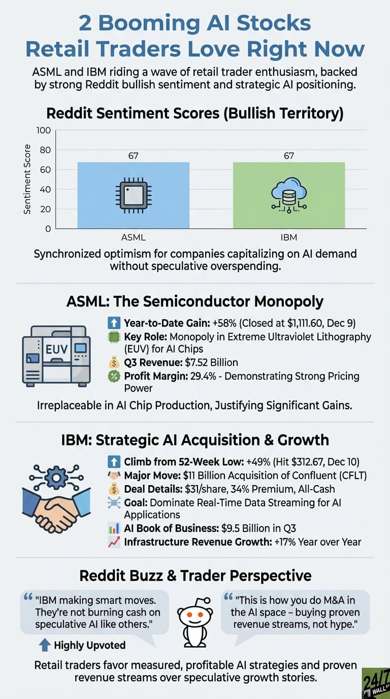 An infographic titled '2 Booming AI Stocks Retail Traders Love Right Now'. It features a bar chart showing Reddit Sentiment Scores for ASML and IBM, both at 67. Below, it details ASML as 'The Semiconductor Monopoly' with points like +58% YTD gain and 29.4% profit margin, accompanied by an EUV machine icon. The IBM section, 'Strategic AI Acquisition &amp; Growth', includes details such as a +49% climb from its 52-week low, an $11 Billion Confluent acquisition, and +17% infrastructure revenue growth, with a handshake and gear icon. The bottom section, 'Reddit Buzz &amp; Trader Perspective', displays two quotes from traders, both highly positive about IBM's measured approach to AI, and a Reddit alien icon.