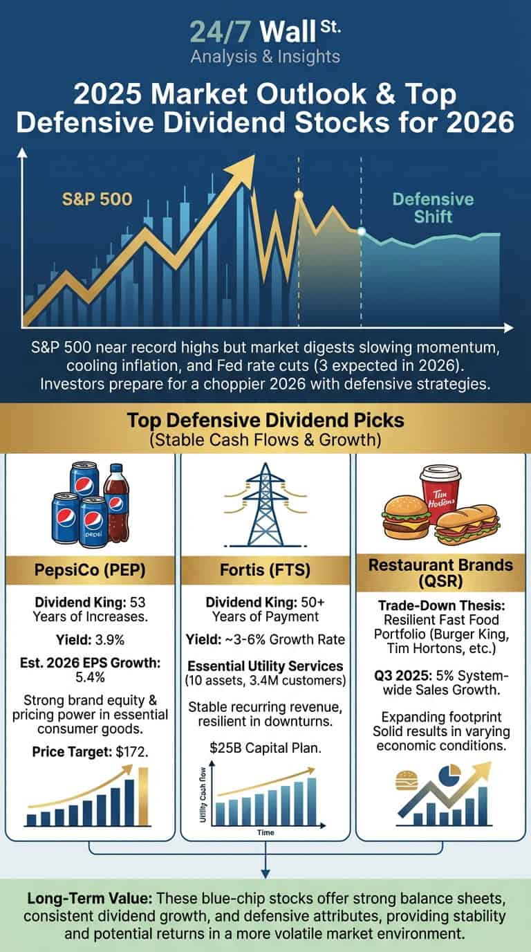 An infographic titled '2025 Market Outlook &amp; Top Defensive Dividend Stocks for 2026' showing an S&amp;P 500 chart with a projected 'Defensive Shift' for 2026. Below, detailed sections feature three dividend-king companies: PepsiCo (PEP), Fortis (FTS), and Restaurant Brands (QSR), outlining their key financial attributes and defensive investment qualities.