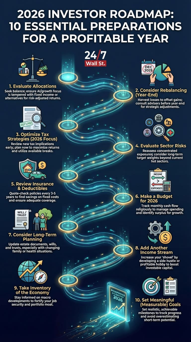 An infographic titled '2026 Investor Roadmap: 10 Essential Preparations for a Profitable Year' shows a glowing digital path with ten numbered steps. Each step, accompanied by an icon, outlines a key financial strategy for investors, such as evaluating allocations, optimizing tax strategies, making a budget, and setting measurable goals.