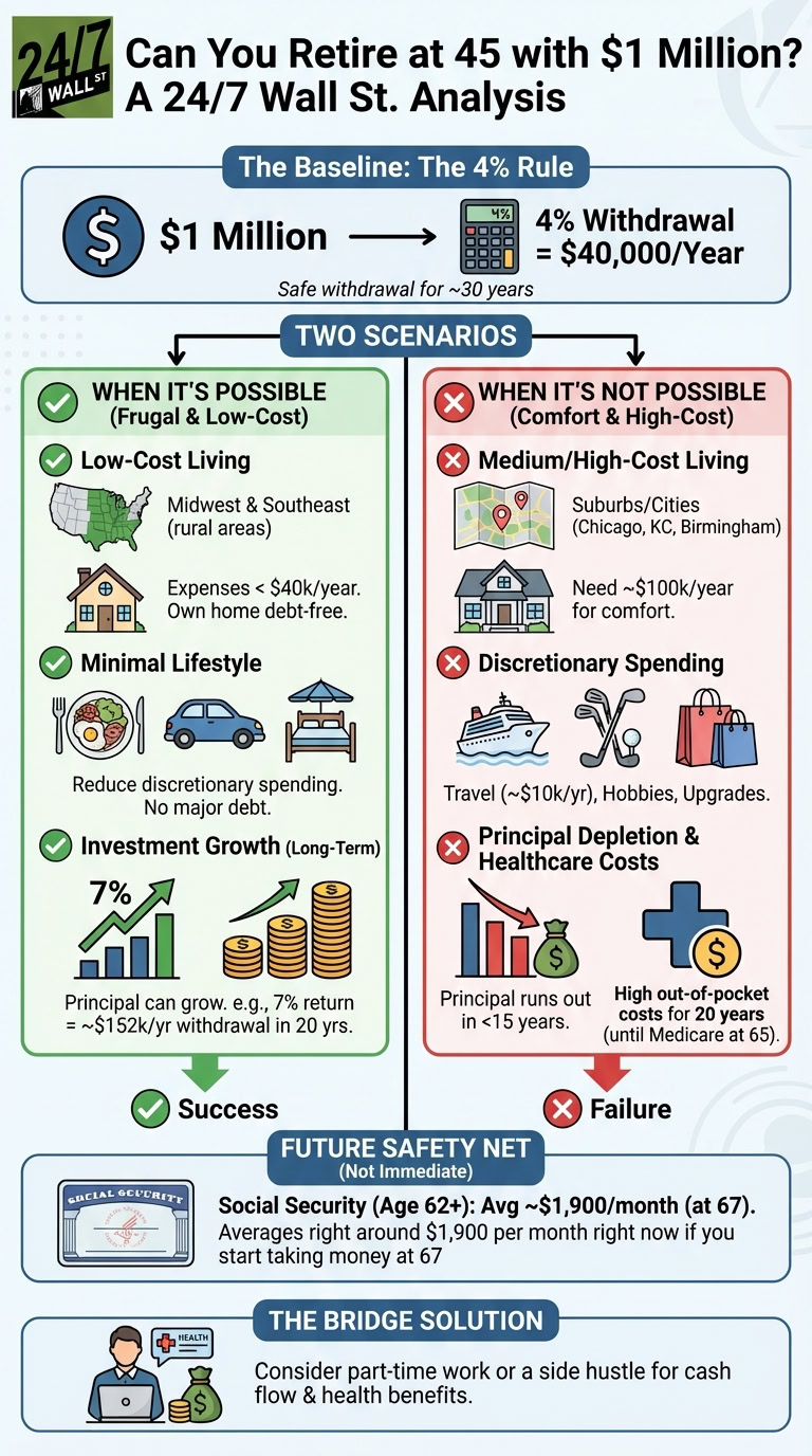 An infographic titled 'Can You Retire at 45 with $1 Million?' by 24/7 Wall St. It illustrates two scenarios: 'When It's Possible' (frugal, low-cost living with 7% investment growth) and 'When It's Not Possible' (comfort, high-cost living leading to principal depletion). The image also highlights Social Security as a future safety net and part-time work as a bridge solution for early retirees.